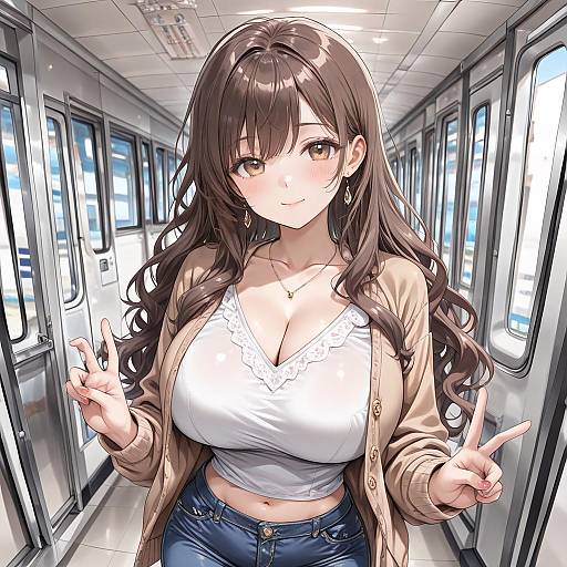 Anime Style Woman in Train with Peace Signs