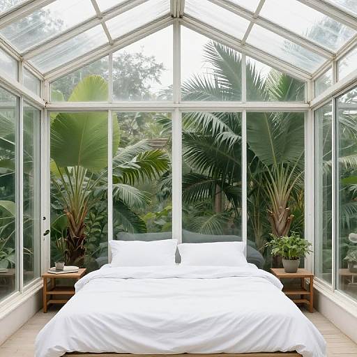 Photograph of a sunlit greenhouse bedroom with a white bed, wooden nightstands, and lush tropical plants visible through glass walls.