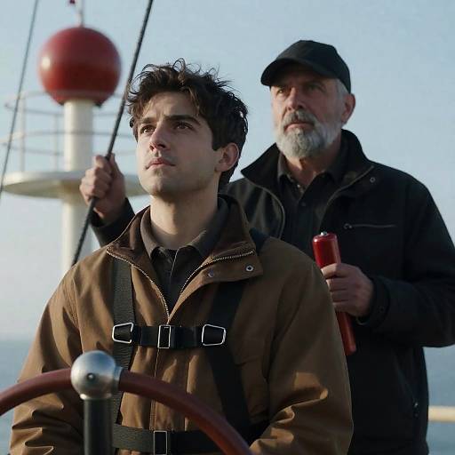 Two Men on a Ship Under Clear Sky