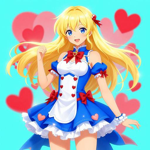 Digital anime-style drawing of a blonde girl with blue eyes, wearing a blue and white heart-patterned dress, red bows, and heart-shaped background.