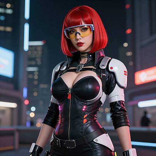 CGI image of a red-haired woman in a black leather, cleavage-revealing suit with white armor, yellow goggles, standing in a neon