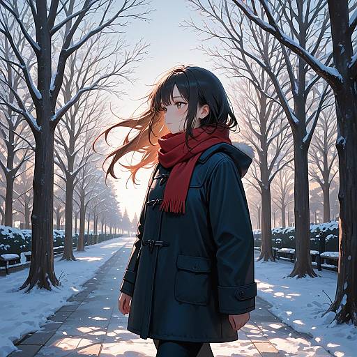 Anime Girl Walking in Snowy Winter Park