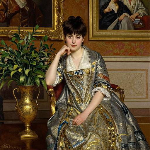Photorealistic painting of a fair-skinned woman with dark hair, wearing an ornate silver and gold dress, sitting in an opulent room with