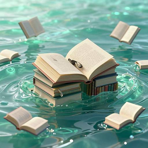 Photograph of an open book with glasses on top, floating on turquoise water, surrounded by floating open books.