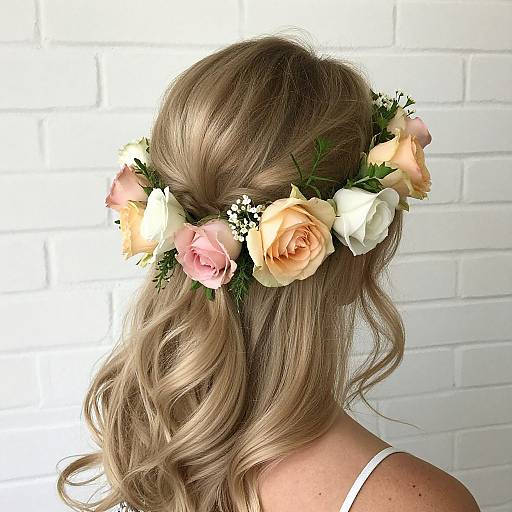 Photograph of a blonde woman with wavy hair, wearing a white strap top, adorned with a floral crown of pink, white, and peach roses