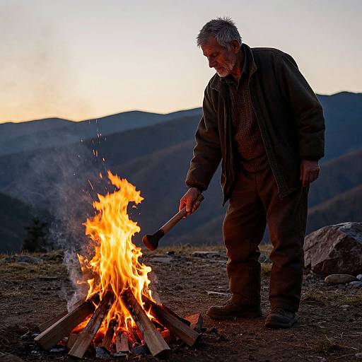 Photograph of an elderly man with gray hair, wearing dark clothes, tending a vibrant orange campfire in a mountainous landscape at sunset.