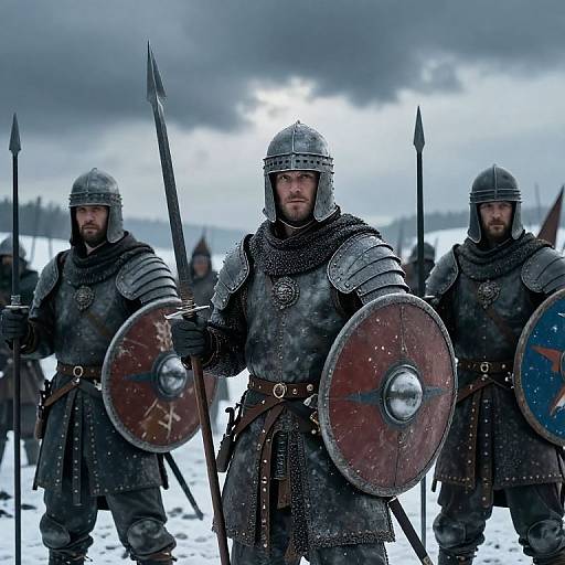 Photograph of three medieval Viking warriors in armor with shields and spears, standing in a snowy battlefield under a cloudy sky.