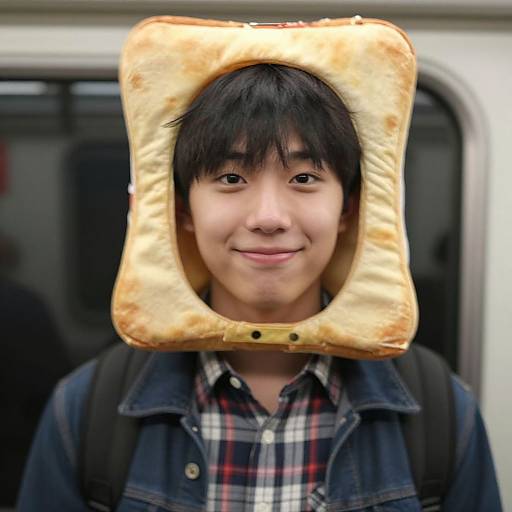 Young Asian man with black hair, wearing a toasted bread-shaped hat, plaid shirt, and denim jacket, smiling in front of a train window.