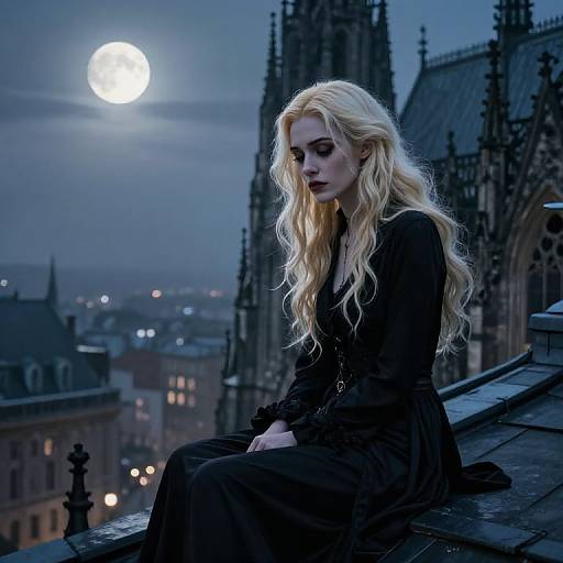 Gothic-style photograph of a pale, blonde woman with long, wavy hair, wearing a black dress, sitting on a rooftop under a full