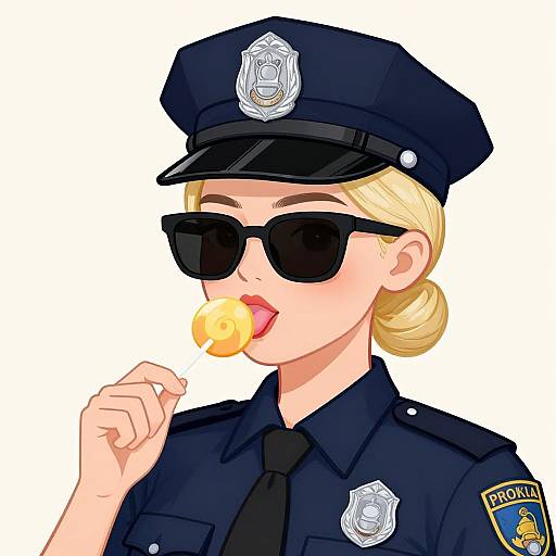 Digital anime-style drawing of a blonde policewoman in a dark blue uniform, black sunglasses, police hat, and sucking a yellow lollipop.
