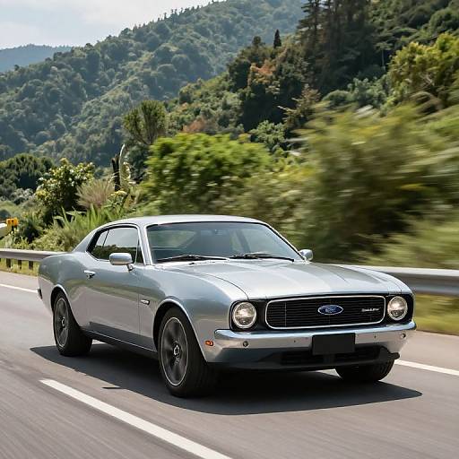 Photograph of a silver Ford Mustang driving on a winding road through a lush, green forested mountain landscape on a sunny day.