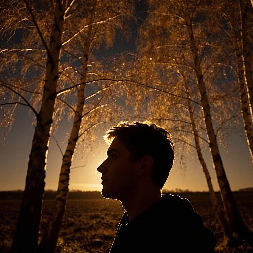 Silhouetted man in profile, sun setting behind birch trees, golden light, dark forest background, photograph, dramatic sunset, strong contrasts.