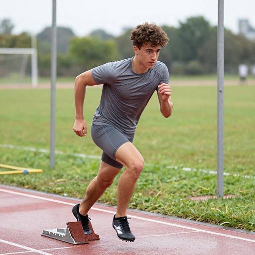Photograph of a young, curly-haired man in a gray t-shirt and black shorts running on a track, with a hurdle in front. Green grass