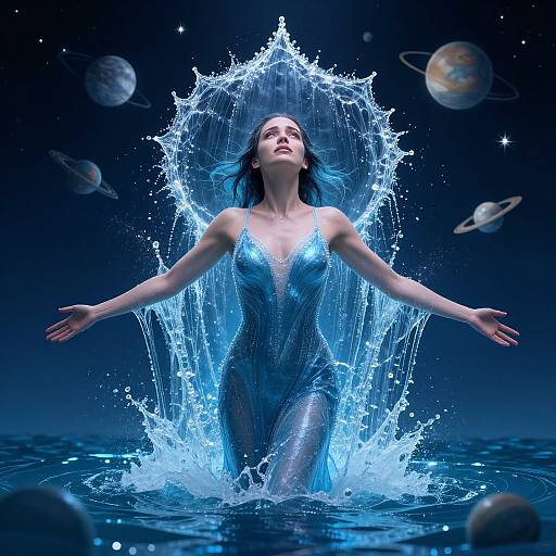 Digital artwork of a woman in a glowing blue dress, arms outstretched, emerging from water with splashes, surrounded by planets in a starry