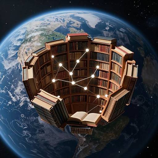 Digital artwork of a floating, book-filled library with glowing white stars, orbiting Earth against a starry background.