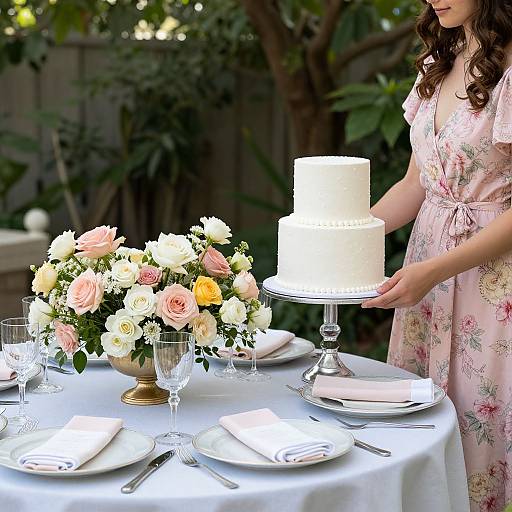 Photograph of a woman in a pink floral dress, presenting a three-tier white cake on a pedestal at an outdoor garden table with floral centerpiece, glass