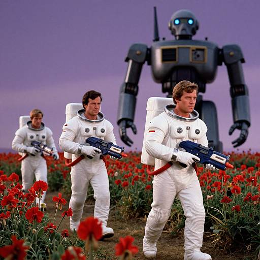 Photorealistic CGI: Three white-suited men with backpacks and guns, standing in a red poppy field, facing a large, blue robot