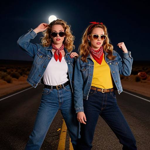 Photograph of two women in denim jackets, sunglasses, red bandanas, and high-waisted jeans, posing confidently on a desert road at night