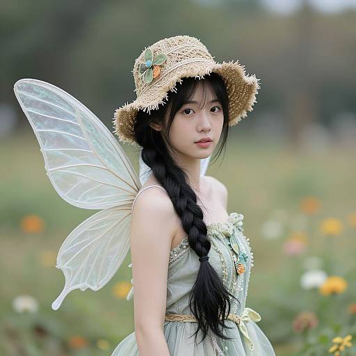 Photograph of an Asian girl with long black hair in a braid, wearing a straw hat, fairy wings, and a green dress, standing in