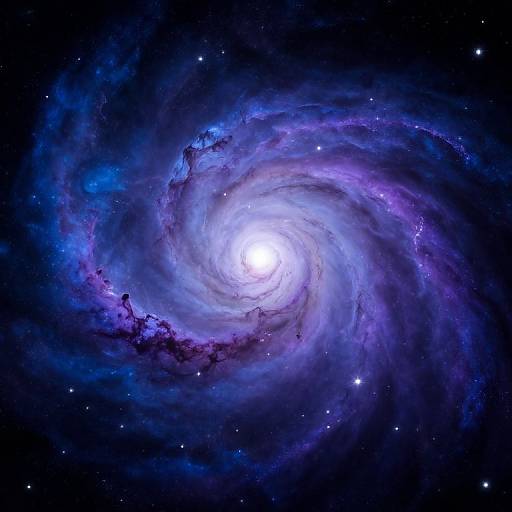 Photograph of a vibrant, swirling galaxy with a bright white center, surrounded by blue, purple, and dark cosmic clouds, set in a star-filled