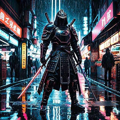 Cyber Samurai in Neon Rainy Marketplace