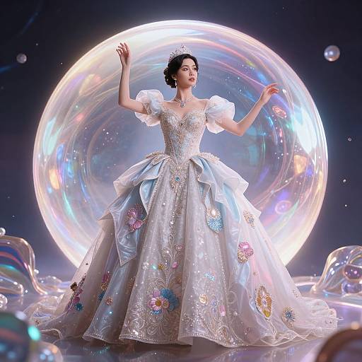 Photograph of a fair-skinned woman in a sparkling, white, floral-embellished ball gown, dancing around a glowing, iridescent