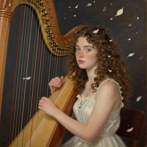 Romantic painting of a young, fair-skinned woman with curly brown hair, playing a wooden harp, wearing a white, sleeveless dress,