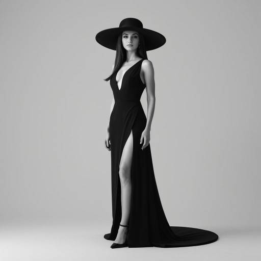 Elegant Woman in Black Evening Gown and Wide-Brimmed Hat