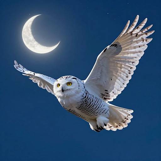 Photograph of a snowy owl with white and black speckled feathers, yellow eyes, and outstretched wings, flying against a dark blue night