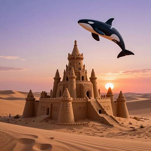Photograph of a detailed sandcastle castle in a desert at sunset, with an orca whale flying mid-air in the sky.