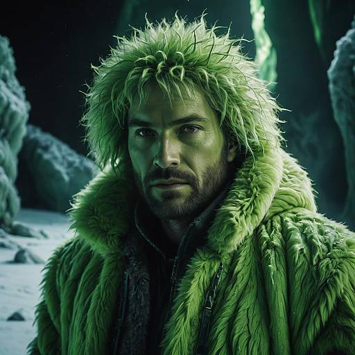 Man in Green Furry Hooded Coat in Ice Cavern