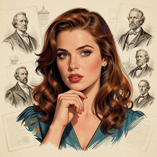 Thoughtful Woman Amid Vintage Sketches