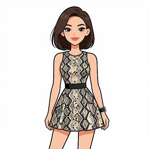 Digital illustration of an Asian woman with shoulder-length black hair, wearing a sleeveless, black-and-white snakeskin-patterned dress with a black belt,
