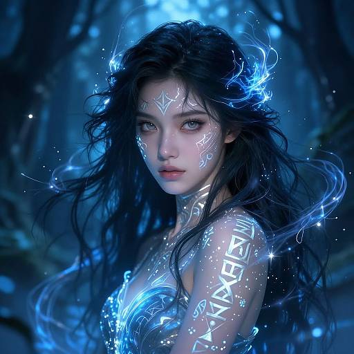 Digital fantasy artwork of a pale-skinned, black-haired woman with glowing blue runes on her face and shoulders, set in a dark, mystical forest.