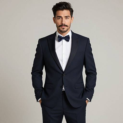 Photograph of a handsome man with dark hair, mustache, and trimmed beard, wearing a black tuxedo with bow tie, white shirt,