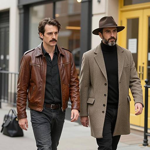 Serious Men Strolling Through Urban Streets