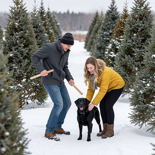 Photograph of a bearded man in a black beanie and jacket, and a woman in a yellow sweater, picking out a black dog among snow