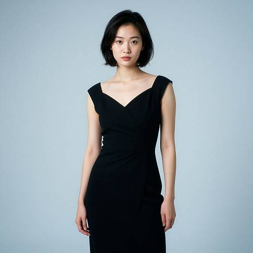 Photograph of an East Asian woman with short black hair, wearing a sleeveless black dress with a V-neck, standing against a light blue background.