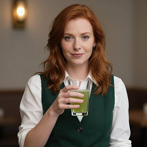 Photograph of a fair-skinned, red-haired woman with blue eyes, wearing a white shirt and green vest, holding a glass of green liquid,