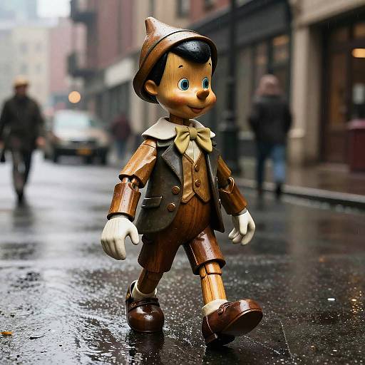 Photograph of a 3D wooden toy boy in brown pinstripe outfit, white gloves, and bowtie, walking on a wet, reflective