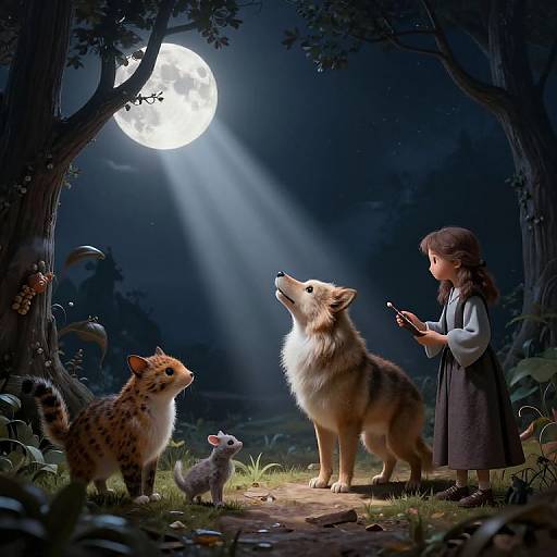 Puppeteers Guiding Animals by Moonlight