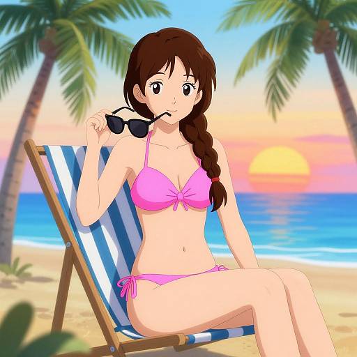 Anime Woman Relaxing on Beach