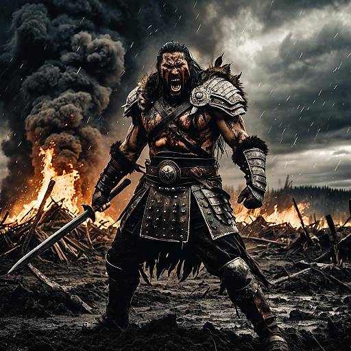 Fierce Berserker Warrior on Burning Battlefield