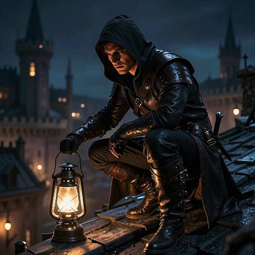 Mysterious hooded figure in black leather crouches on rooftop, holding glowing lantern, against a dark, castle-lit night sky. Photographic