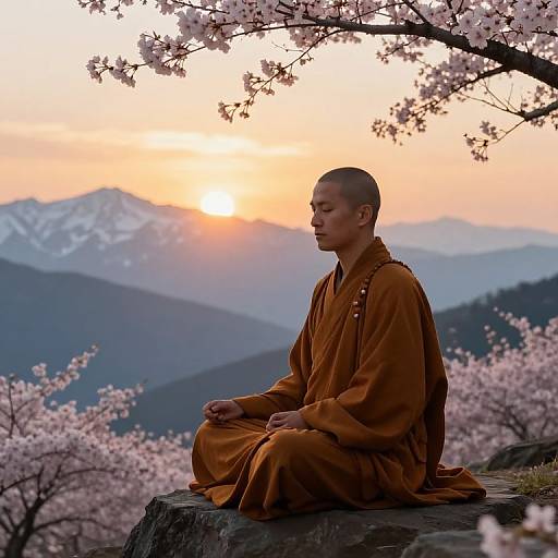 Photograph of a serene Buddhist monk in orange robes, sitting meditatively on a rock, surrounded by blooming cherry blossoms, with snow-c