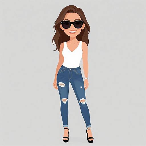 Digital illustration of a smiling woman with long brown hair, wearing black sunglasses, white tank top, ripped blue jeans, and black heels.