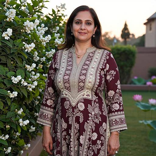 Photograph of a smiling woman with medium brown skin wearing an ornate maroon and white embroidered traditional Pakistani kameez, standing in a garden with