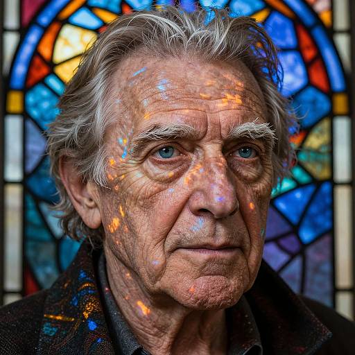 Photograph of an elderly man with silver hair, wrinkled skin, and blue eyes, standing in front of a vibrant stained glass window, with colorful