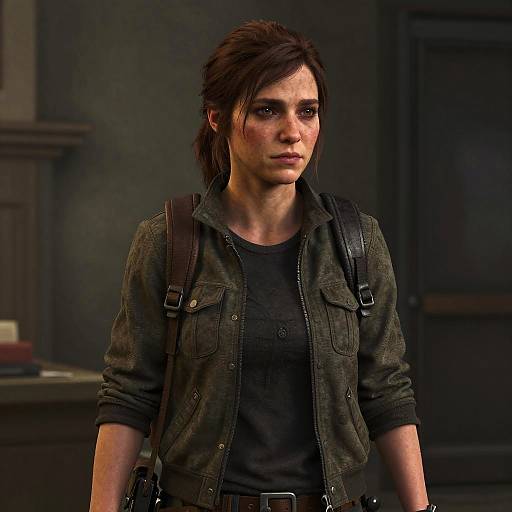 CGI image of a serious, brown-haired woman with a stern expression, wearing a black shirt and dark jacket, with a backpack, in a dim