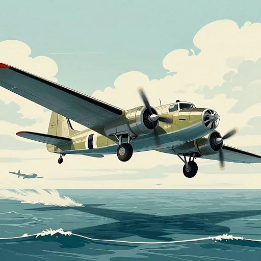 Digital illustration of a vintage WWII-era military plane with propellers spinning, flying over a blue ocean with white-capped waves.